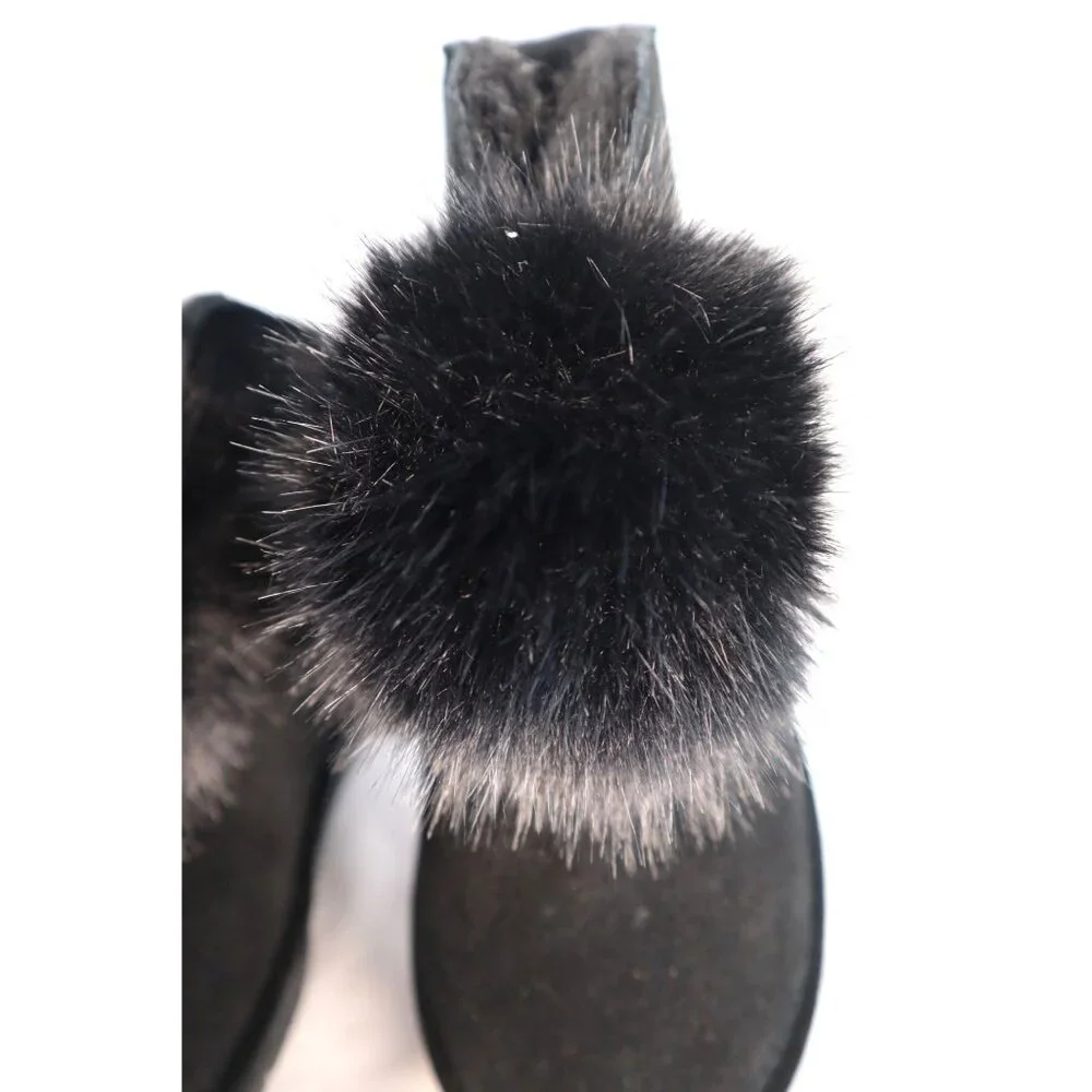 BearPaw Women's‎ Black Faux Fur Pom Pom Ankle Boots Size 9
